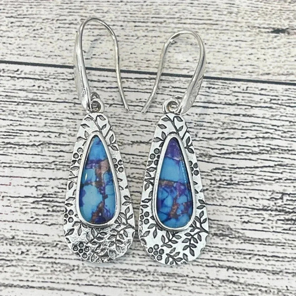 NWOT Silver Tone Faux Turquoise Pear Drop Earrings - Picture 2 of 6